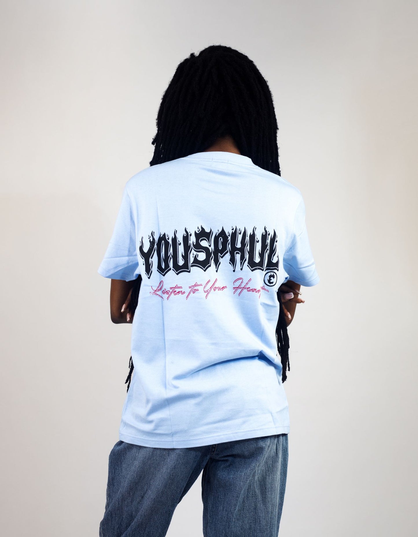 Model wearing Yousphul Listen to your Heart Tees in baby blue color