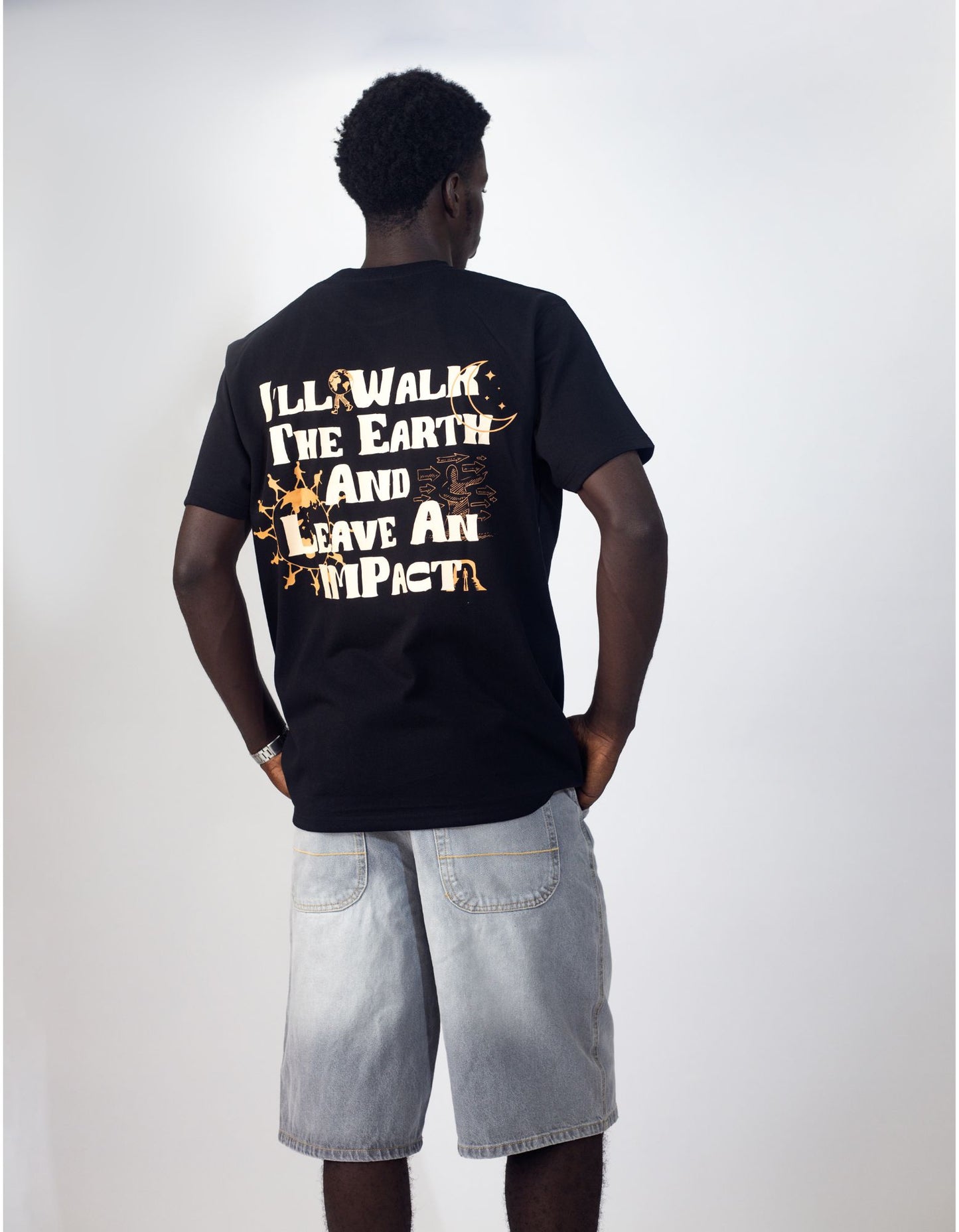 Model wearing Yousphul Walk the Earth Tees in Black color