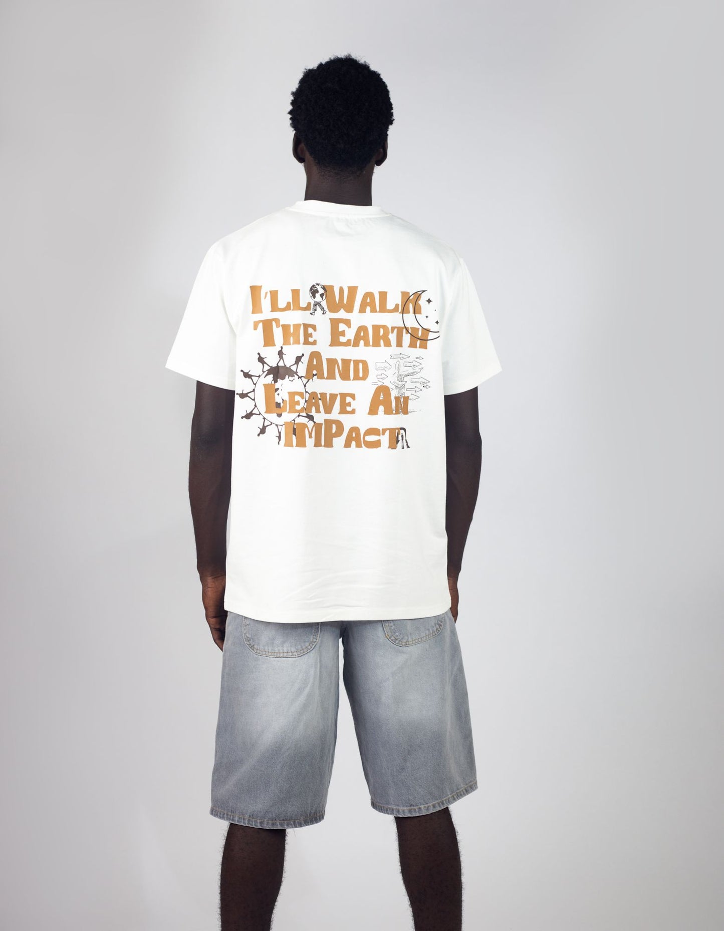 Model wearing Yousphul Walk the Earth Tees in White color