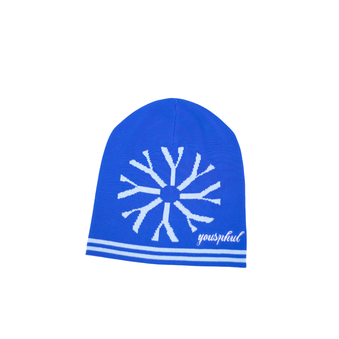 Blue beanie with Yousphul Logo design and 'YOUSPHUL' embroidery branding on a white background