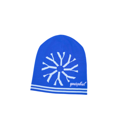 Blue beanie with Yousphul Logo design and 'YOUSPHUL' embroidery branding on a white background