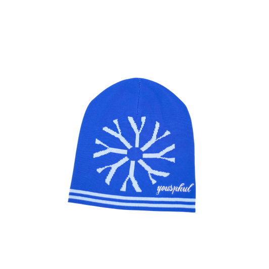 Blue beanie with Yousphul Logo design and 'YOUSPHUL' embroidery branding on a white background
