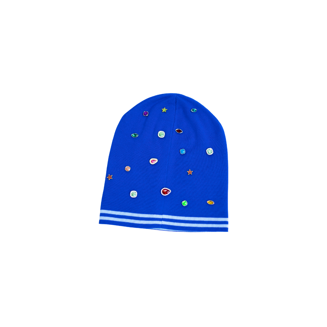 Blue beanie with colorful rhinestones