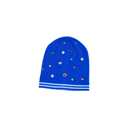 Blue beanie with colorful rhinestones