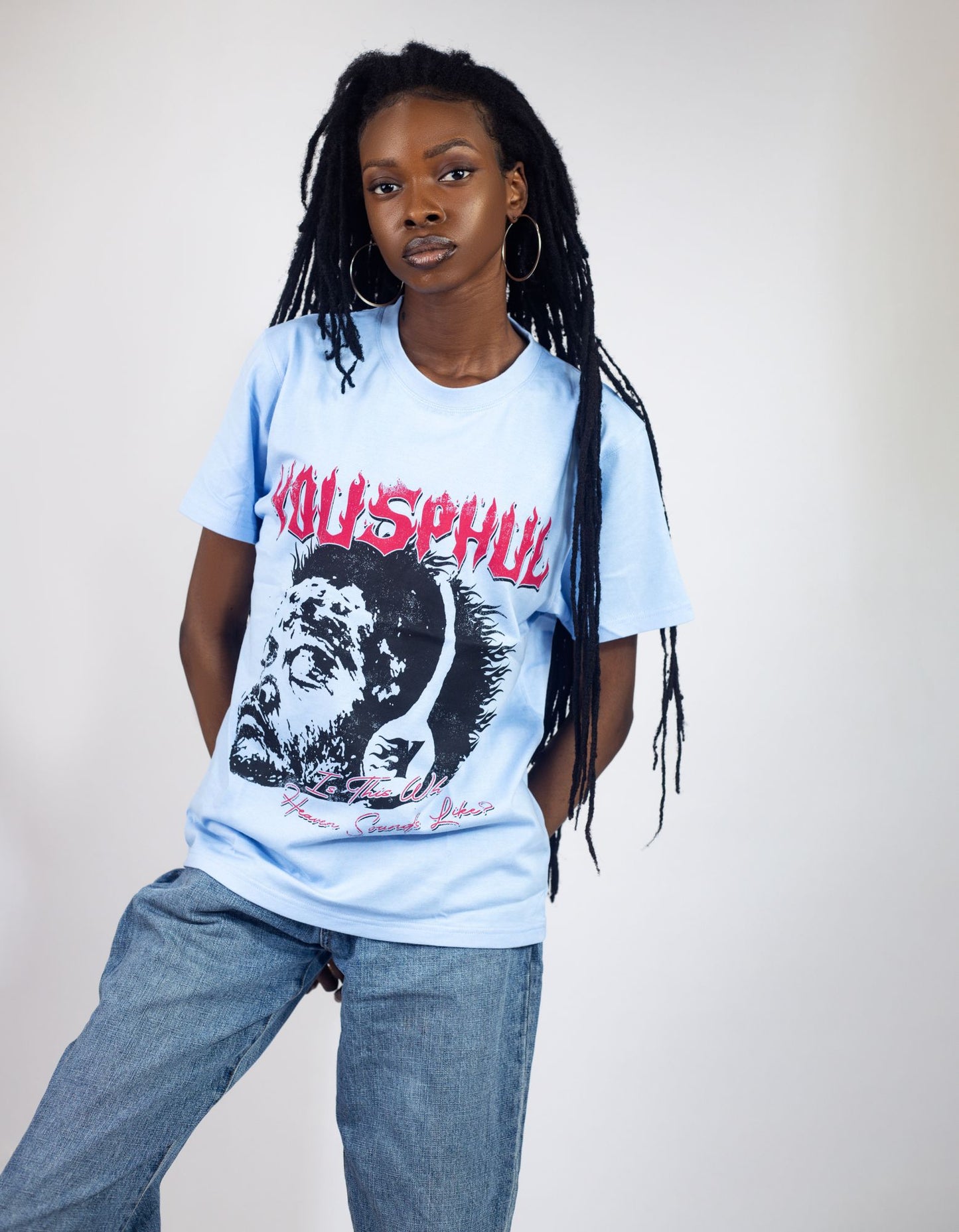 Model wearing Yousphul Listen to your Heart Tees in baby blue color
