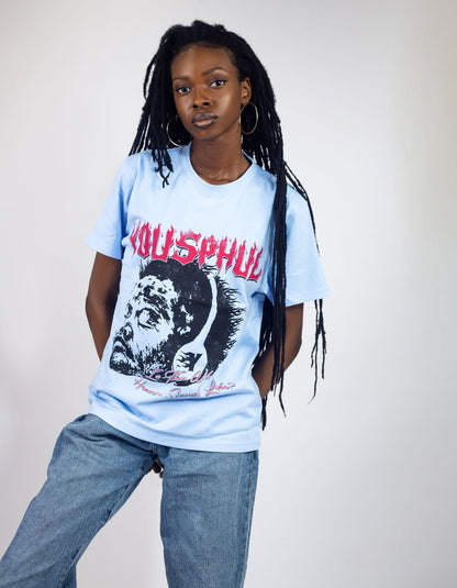 Model wearing Yousphul Listen to your Heart Tees in baby blue color
