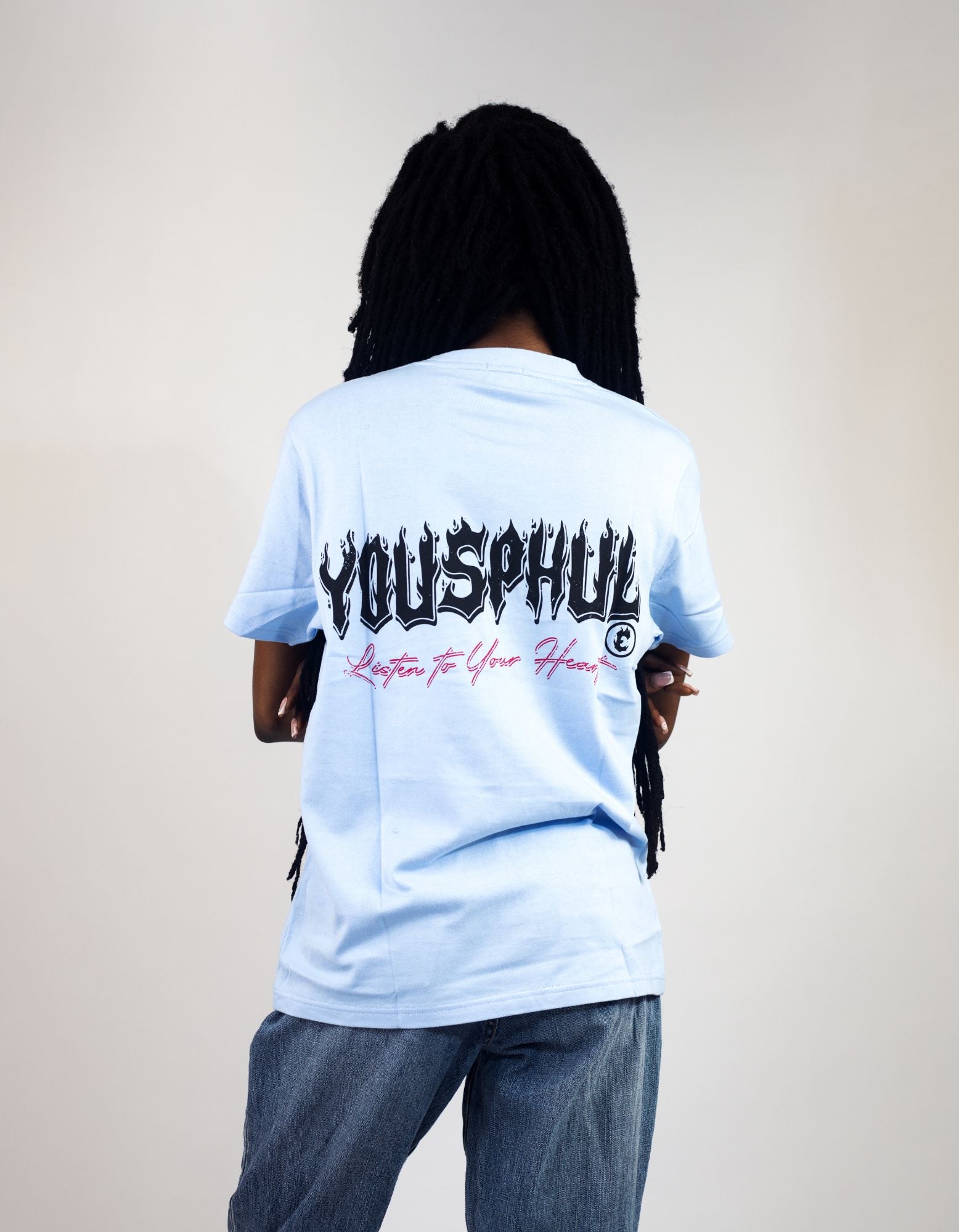 Model wearing Yousphul Listen to your Heart Tees in baby blue color
