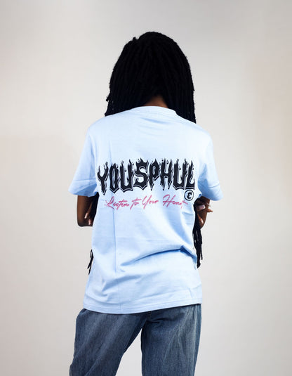 Model wearing Yousphul Listen to your Heart Tees in baby blue color
