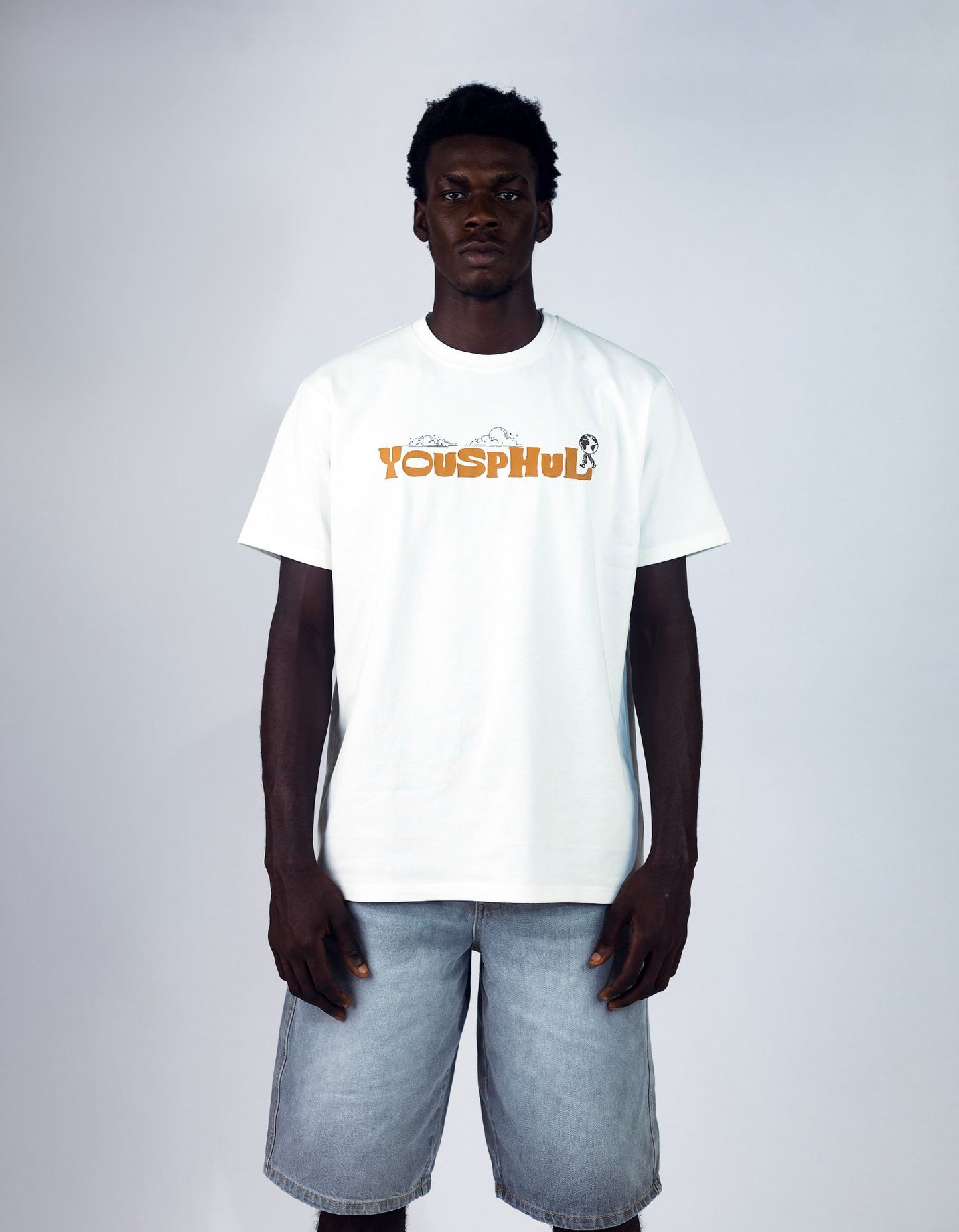 Model wearing Yousphul Walk the Earth Tees in White color
