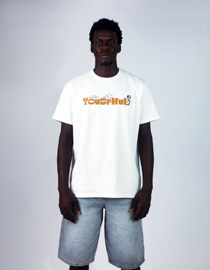 Model wearing Yousphul Walk the Earth Tees in White color
